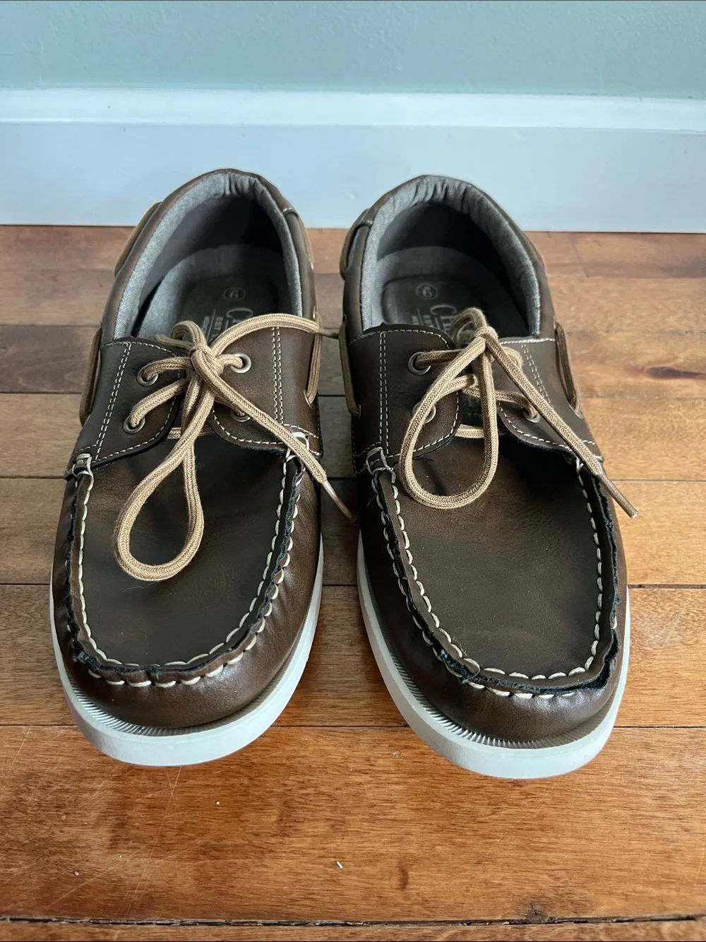 Chaps Benny Boat Shoes Men's 9 Brown Lace Up Deck Casual Loafers White Sole